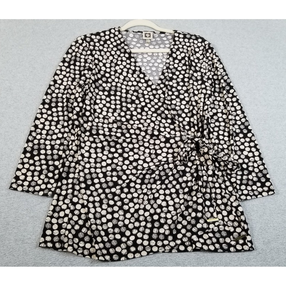 Anne Klein Wrap Top Women L Large Black Cream Polka Dot V-Neck 3/4 Sleeve Blouse